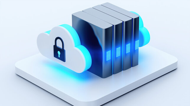 3d Cloud storage with secure servers and padlock symbol represents data protection