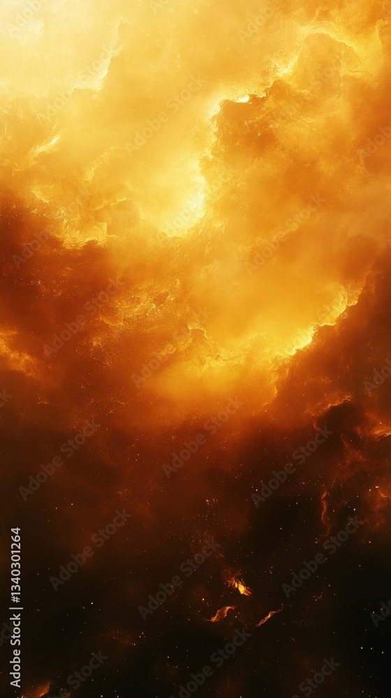 Poster ethereal golden nebula cloudscape with cosmic dust and fiery hues abstract background for science an