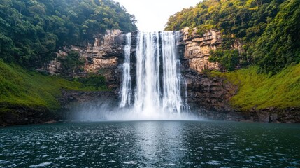 Fototapeta premium Waterfall landscapes idea. A majestic waterfall cascades into a serene pool surrounded by lush greenery.