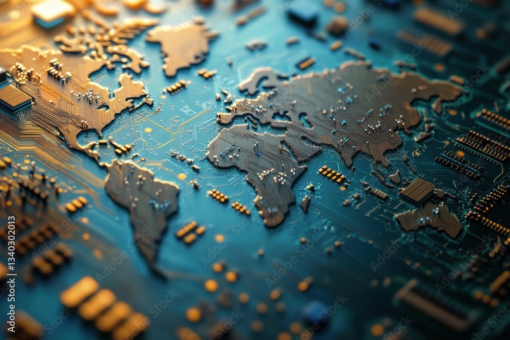 Poster a computer chip with a gold colored globe on it