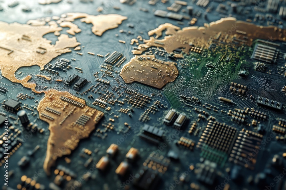 Poster a computer chip with a gold colored globe on it