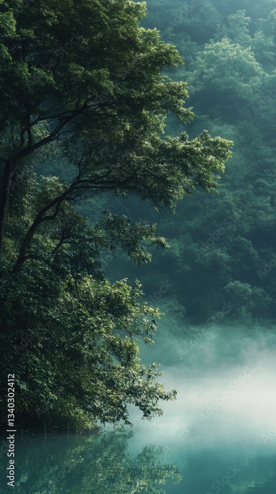 Poster soft mist rolling over a tranquil forest. mist rolling over a calm and serene forest. vertical