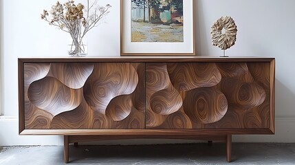 Modern walnut wood sideboard with carved doors.