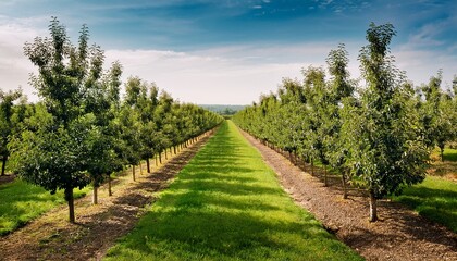 Obraz premium green orchard with pear trees growing in rows- 81030