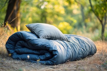 A blue blanket with a pillow on top of it