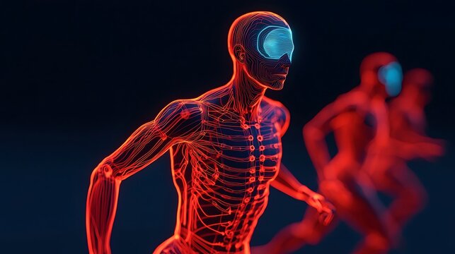 A futuristic depiction of a running figure with a glowing skeletal structure, emphasizing motion and technology.