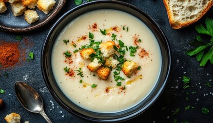 Creamy soup, garnished with croutons and herbs