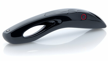 Sleek black handheld device with red button, futuristic design, isolated on white background. Perfect for technology, innovation, or gadget concepts.