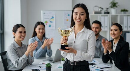 Successful Businesswoman Accepting Award with Team in Office AI Generated