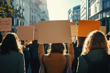 A motivational photo of people holding signs during a peaceful protest, standing united for a common cause.