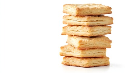Stack of freshly baked square biscuits on white background