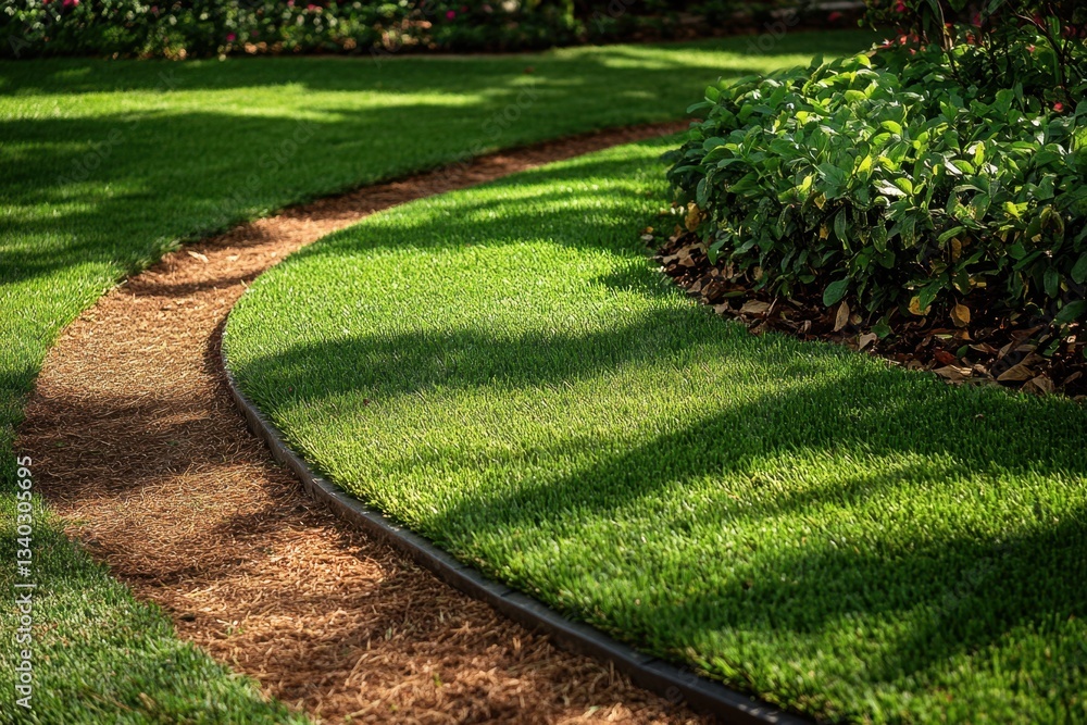 Poster a grassy path with a brick border and a row of bushes
