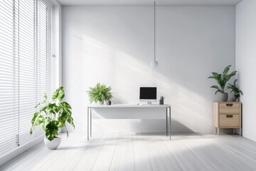 A modern minimalist office space featuring natural light and greenery