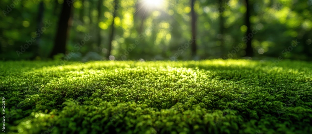 Poster lush mossy ground in a sunlit forest creating a serene and vibrant natural scene with a low angle pe