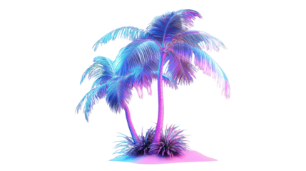 Two vibrant neon palm trees glowing on transparent background