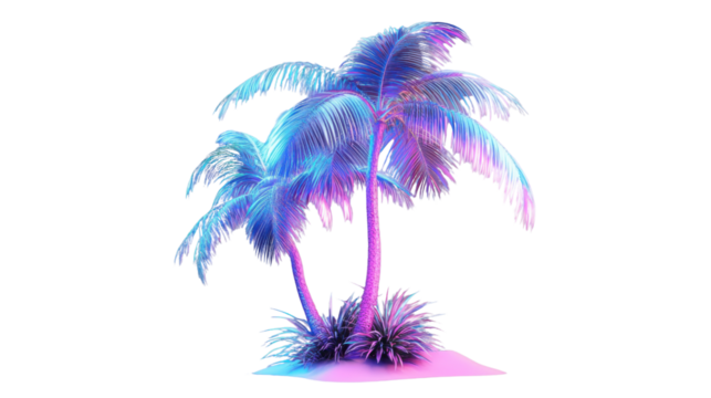 Two vibrant neon palm trees glowing on transparent background