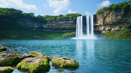 Obraz premium Waterfall landscapes idea. A serene waterfall cascading into a tranquil blue pool surrounded by lush greenery.