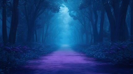 Fototapeta premium Enchanting Misty Forest Path with Ethereal Blue and Purple Hues