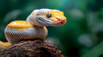 Fototapeta premium Mesmerizing image of a rare albino python coiled around a tree branch its smooth white and yellow scales glistening under the lush jungle canopy Captivating wildlife photography with copy space