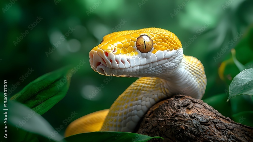 Aufkleber rare and unique albino python coiled around a tree branch in the lush jungle canopy its smooth white