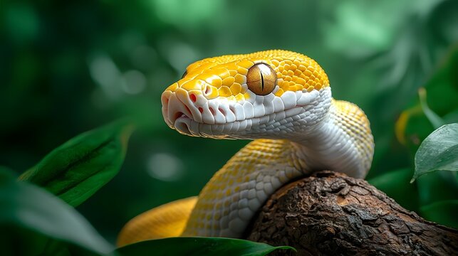 Rare and unique albino python coiled around a tree branch in the lush jungle canopy its smooth white and yellow scales glistening under the natural light