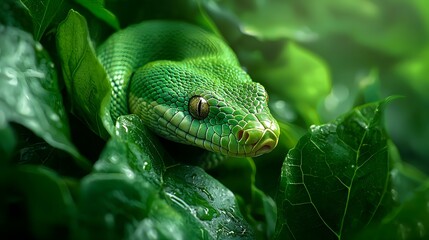 Fototapeta premium Striking image of an emerald tree boa curled around a thick vine its vibrant green scales blending seamlessly with the dense tropical foliage