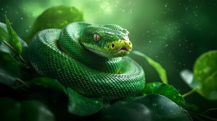 Obraz premium Emerald Tree Boa Curled Around Thick Vine Its Vibrant Green Scales Blending Seamlessly with the Dense Tropical Foliage in this Striking Nature Photography