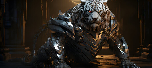 A fierce tiger with an armoured shield Diamond, ai generative