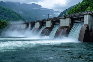 A large dam with a river flowing through it