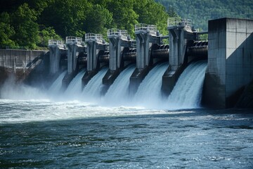 A large dam with a river flowing through it