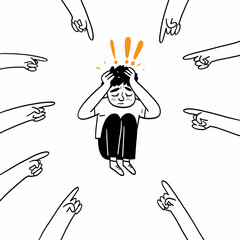 A simple line drawing of a person sitting with their head in their hands, surrounded by pointing fingers.