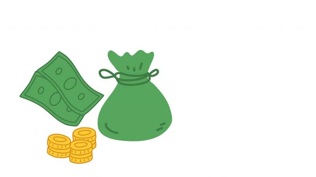Money bag, dollar coins and banknotes