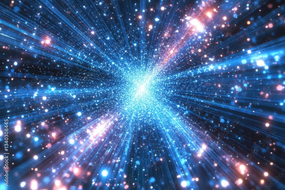 Poster abstract cosmic vortex with radiant blue light streaks and glowing particles creating a dynamic spac