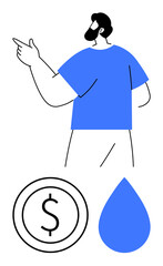 Person pointing sideways, accompanied by blue water drop and dollar sign. Ideal for sustainability, resource management, water conservation, economic balance, cost analysis, environmental awareness