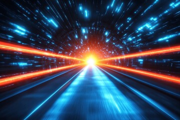 Futuristic tunnel of light speed data transfer with glowing lines and digital particle stream background for technology