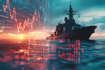A large ship is sailing in the ocean with a city skyline in the background