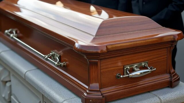  Wooden coffin on a bier with brass handles and polished finish
