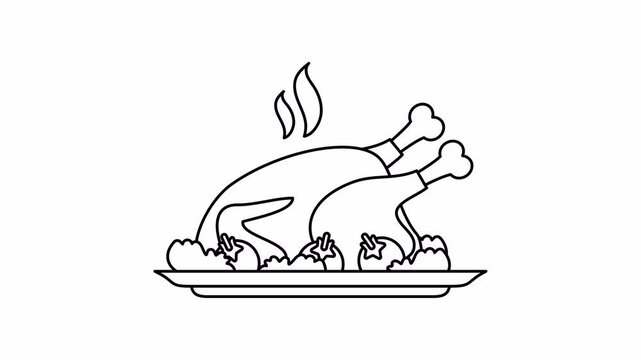 whole roasted chicken or turkey with vegetables on plate animation line style 4k video footage