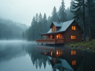 Fototapeta premium Cozy wooden cabin by a lake with pine trees in misty morning light, ideal for a vacation planning retreat.