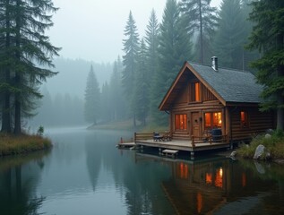 Obraz premium Cozy wooden cabin by a lake with pine trees in misty morning light, ideal for a vacation planning retreat.