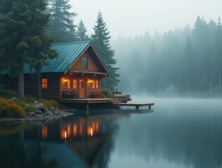 Fototapeta premium Cozy wooden cabin by a lake with pine trees in misty morning light, ideal for a vacation planning retreat.
