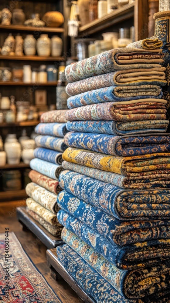 Poster stacked vintage rugs in a store display with warm lighting and wooden shelves creating a cozy and in