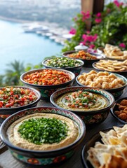 Fototapeta premium Exquisite Middle Eastern Mezze Platter Displayed Outdoors with a Stunning Ocean View Creating a Vibrant Culinary Experience
