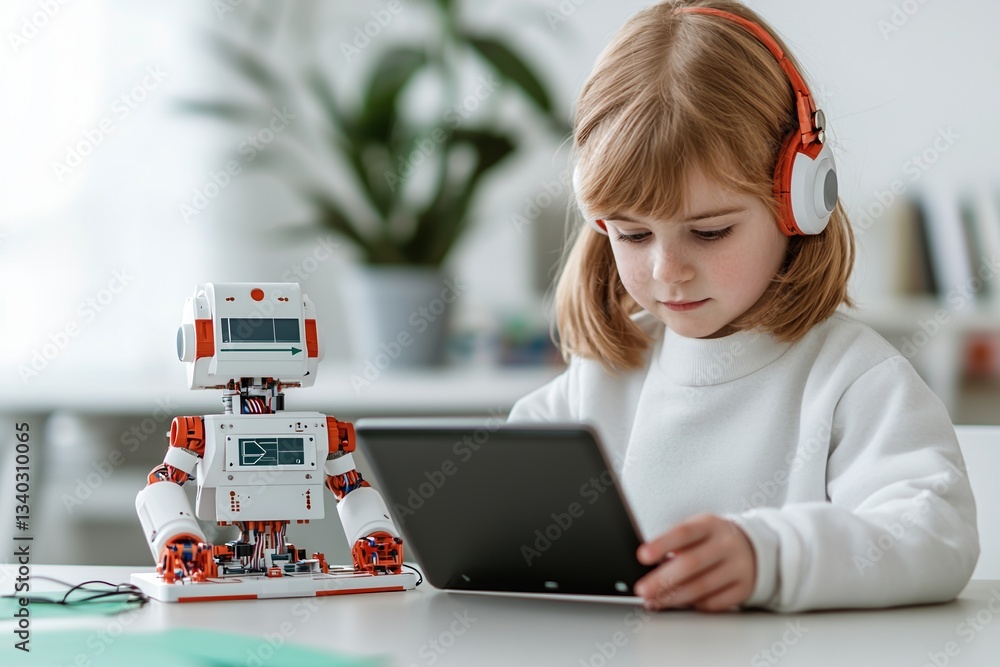 Poster social policy access concepts. child interacting with a robot while using a tablet.