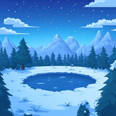 Fototapeta premium Serene winter landscape with snow covered mountains pine trees frozen lake and starry night sky