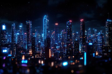 Fototapeta premium Abstract neon-blue digital city layout, illuminated holographic schematics of futuristic skyscrapers, AI-generated urban planning, ultra-HD cyberpunk environment