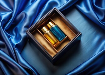 Luxury Essential Oil Box, Deep Blue Silk Background, Top-Down Flat Lay