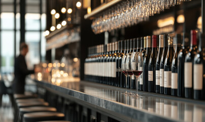 A modern wine bar with bottles lined up and a bartender pouring wine Style