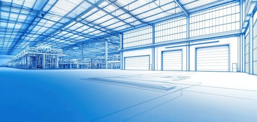 Obraz premium Abstract technical drawing of a high-tech manufacturing plant, wireframe overlays blending with physical machinery, cinematic depth, sci-fi industrial concept