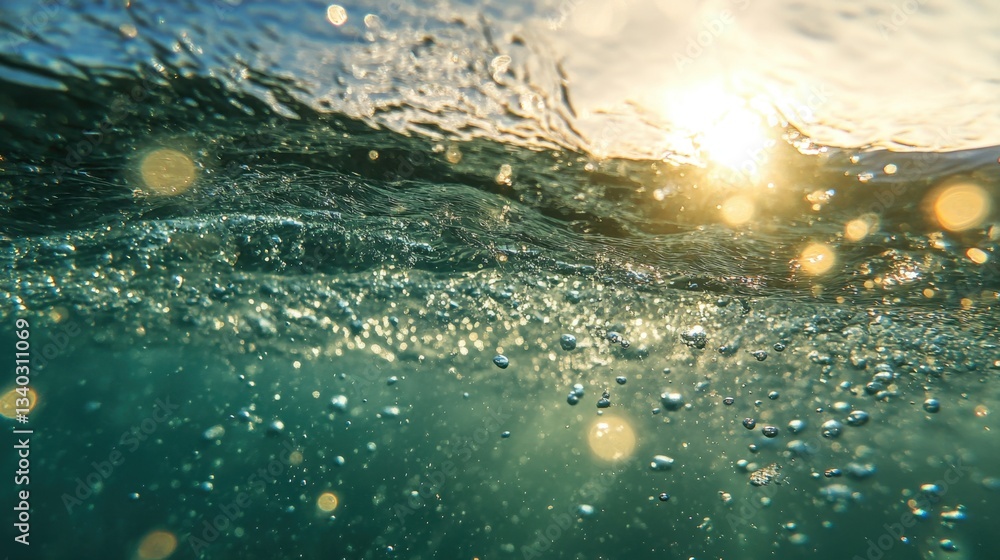 Poster sunlight filtering through ocean surface creating sparkling bubbles and ripples in tranquil underwat